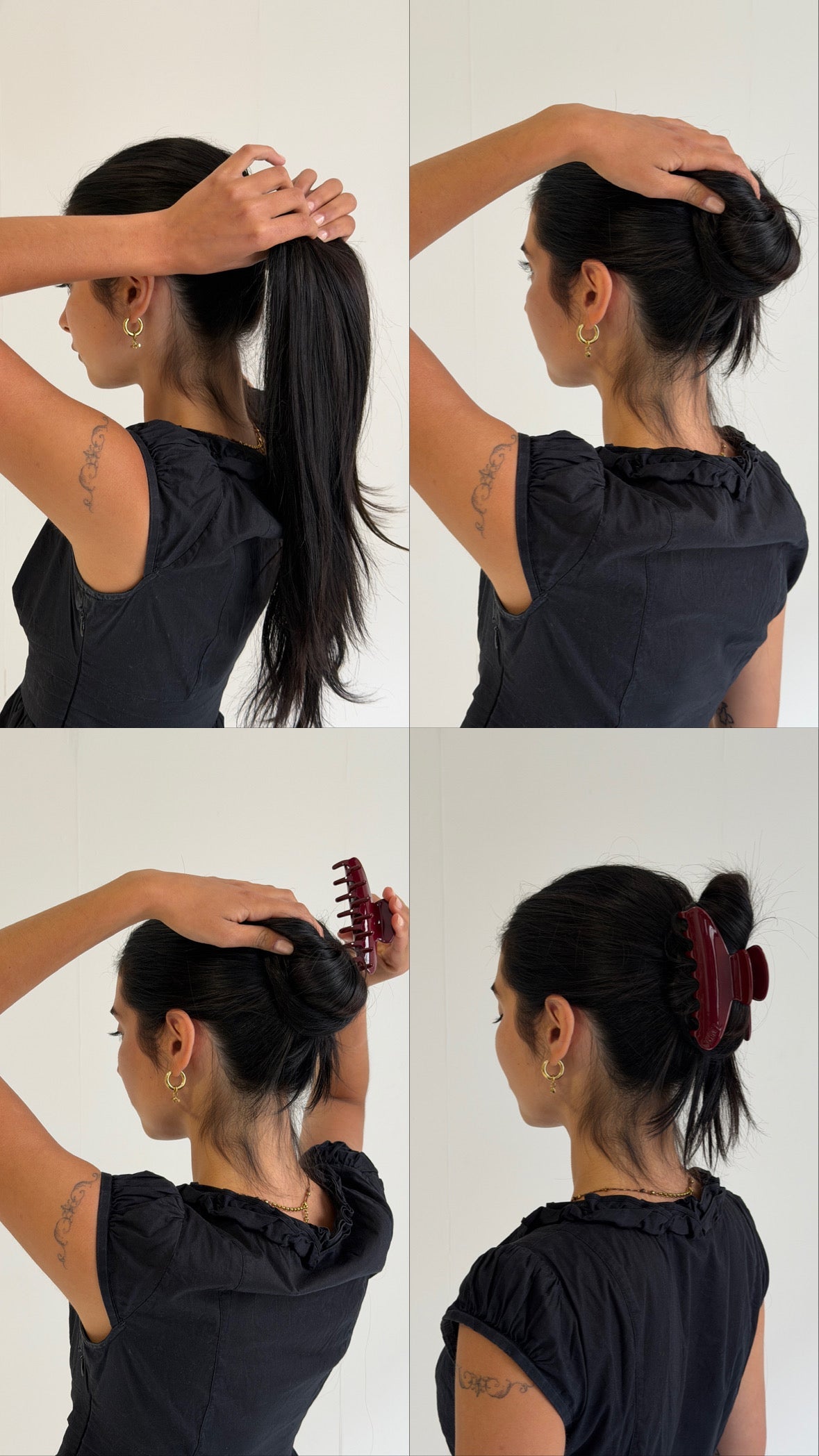 A model showing how to clip her thick hair up with a strong claw clip in the shade Merlot which is a dark red.